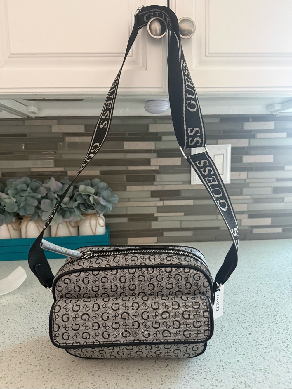 Guess Logo-Print Crossbody Bag in White and Black - Picture 4 of 6